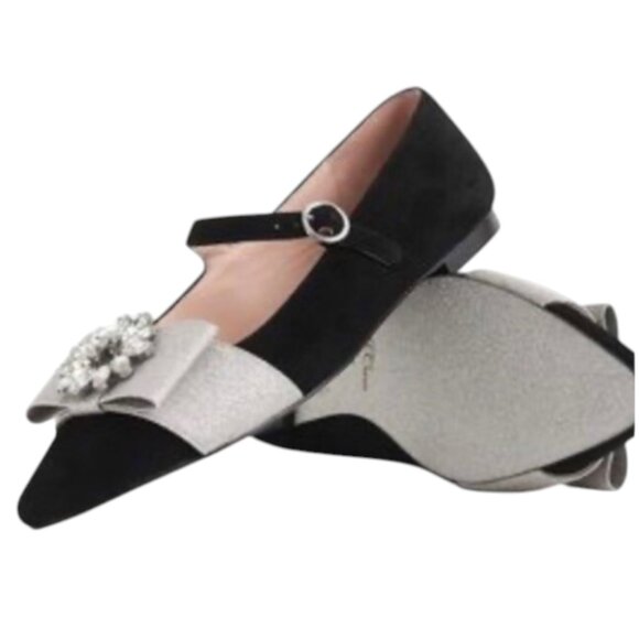 New in Box J Crew Pointed-Toe Mary Jane Black Suede Shoes with Embellished Bow - Picture 2 of 7